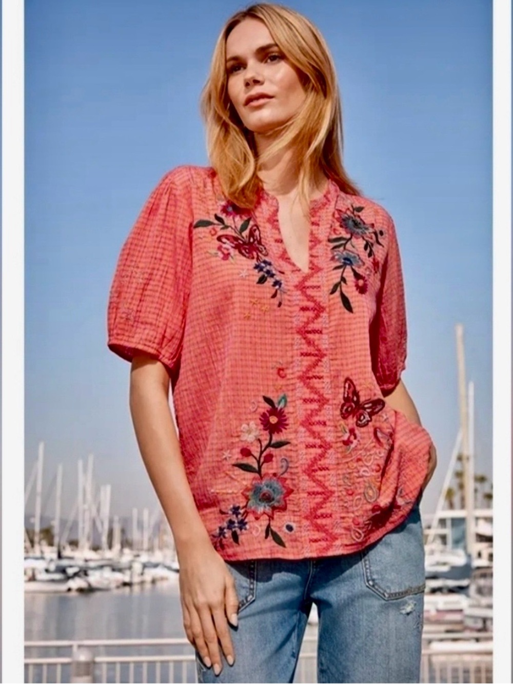 Johnny Was Olinda Puff Sleeve Embroidered Floral V-Neck Top Blouse